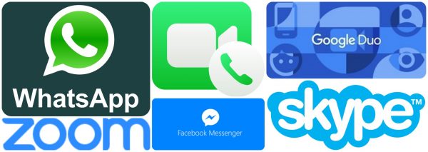 Collage of popular video call apps including WhatsApp, Zoom, Skype, Google Duo and Facebook Messenger.