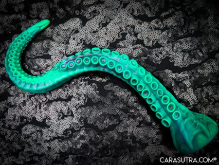 Nothosaur ALLA Tentacle Dildo on shimmering sequin dark grey background, for Cara Sutra's review