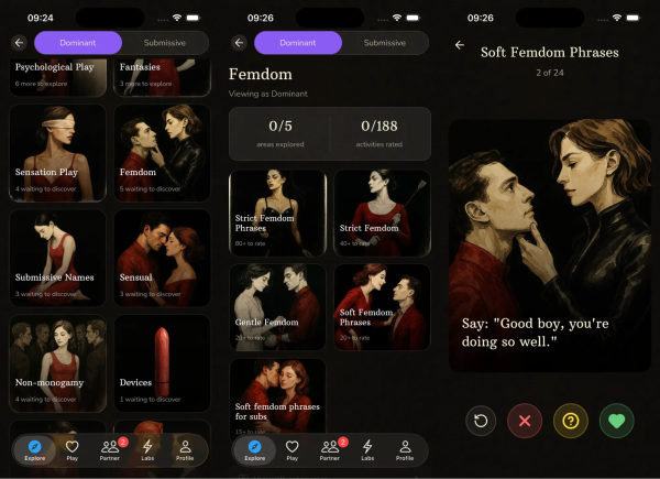 BeMoreKinky app Femdom section showing dominant view, activity categories, and soft femdom phrases screen with illustrated scenes