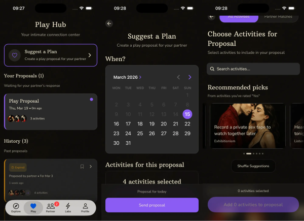 BeMoreKinky app play hub showing proposal creation, calendar scheduling, and activity selection screens