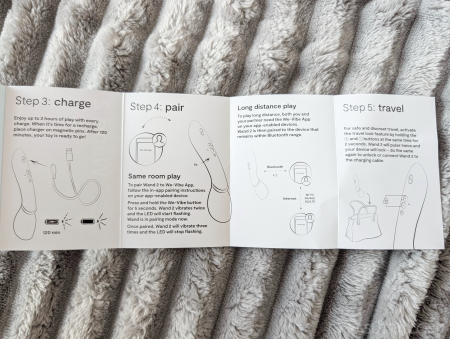 We-Vibe Wand 2 quick start guide showing Step 3 charge, Step 4 pair, long distance play and Step 5 travel instructions