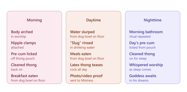 A three-panel graphic summarising slave penny's daily FemDom rituals by time of day: morning, daytime, and nighttime, listing five rituals in each phase.