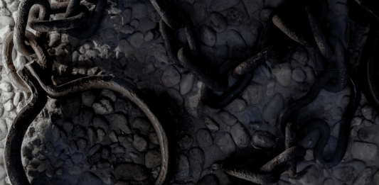 Schooled for Palace Service: penny’s Diary, Part Five Rusted iron shackle and tangled chains on cold stone floor, cool-toned close-up