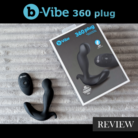 b-Vibe 360 plug in black silicone with its wireless remote, lying on a grey fleece blanket beside the product box, with b-Vibe 360 plug review title text