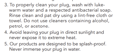 b-Vibe 360 plug instruction booklet snip showing that the toys are splashproof only and to never immerse the plug in water. 