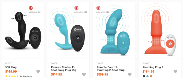 banner with 4 b-vibe anal toys in a row, their names underneath, and prices in US dollars