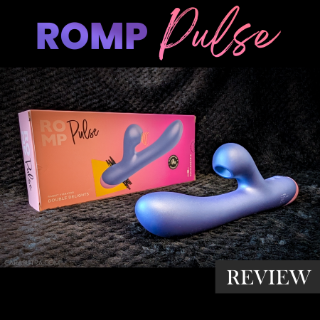 ROMP Pulse Rabbit Vibrator review featured image, showing the shimmering purple rabbit beside its pink and orange Double Delights box
