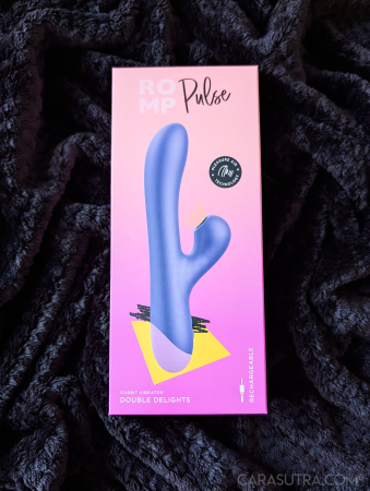 Front of the ROMP Pulse Rabbit Vibrator box, showing the purple rabbit and “Double Delights” branding