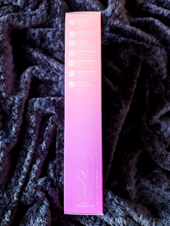Side panel of the ROMP Pulse box listing the rabbit vibrator’s key features as icons