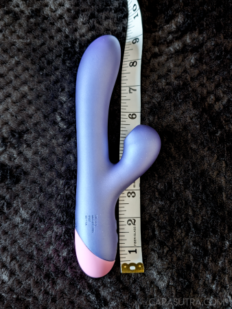 The ROMP Pulse Rabbit Vibrator laid alongside a tape measure to show its total length
