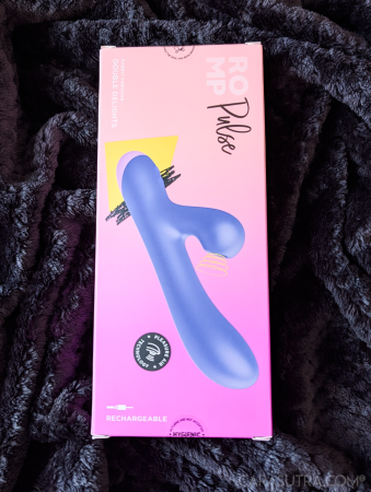 Back of the ROMP Pulse Rabbit box, showing the toy and Rechargeable and Hygienic Seal markings