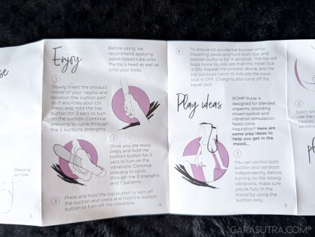 ROMP Pulse Playbook pages showing how to use the suction and vibration, with play ideas