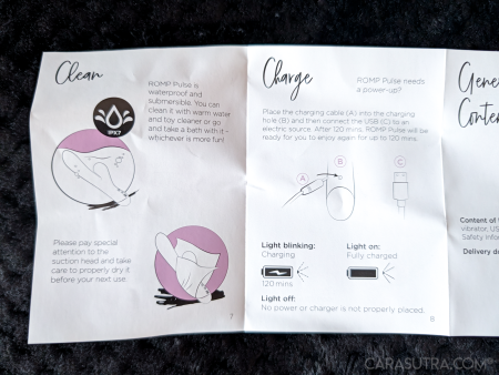 ROMP Pulse Playbook pages explaining how to clean and charge the rabbit vibrator, with diagrams