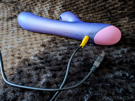 The ROMP Pulse Rabbit with its USB charging cable connected to the charging port
