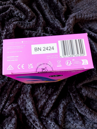 Base of the ROMP Pulse box with barcode, batch number and CE and UKCA safety marks