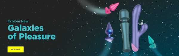 ROMP Toys “Explore New Galaxies of Pleasure” promotional banner, showing colourful sex toys floating on a starry space background with a Shop Now button